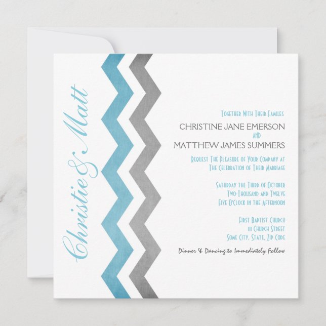 Convites para Casamento de Zig Zag Azul e Cinza (Frente)