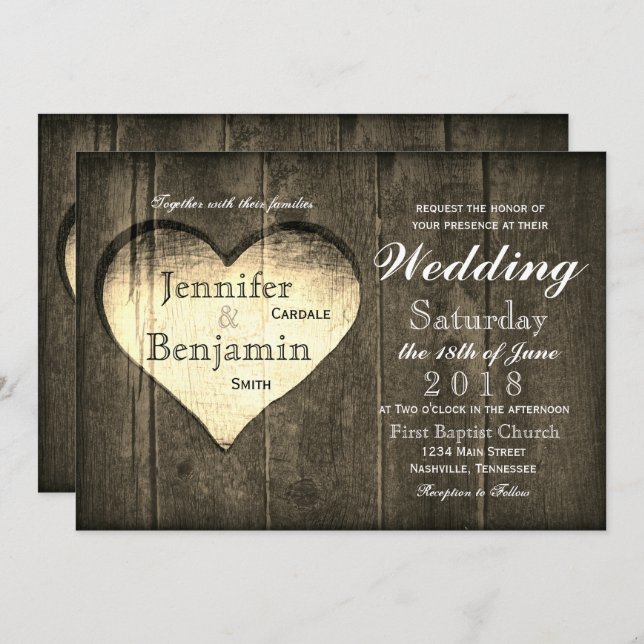 Convites para Casamento do Coração da Madeira (Frente/Verso)