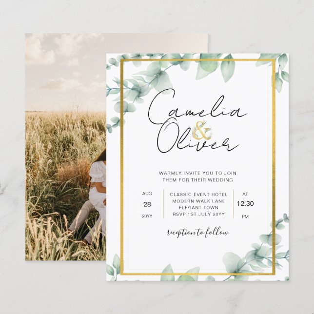 Convites para Casamento Dourado com Verde Botânico (Frente/Verso)