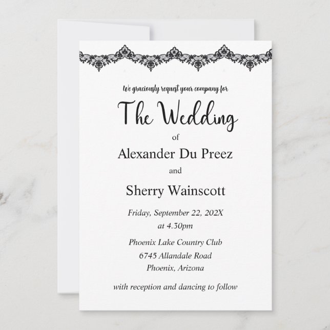Convites para casamento em rendas brancas e pretas (Frente)