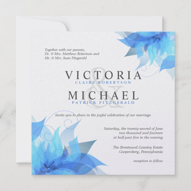 Convites para Casamento Floral Azul e Branco Profu (Frente)