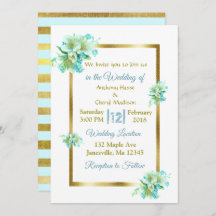 Convites para Casamento Floral Azul e Dourado