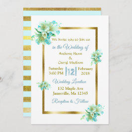 Convites para Casamento Floral Azul e Dourado