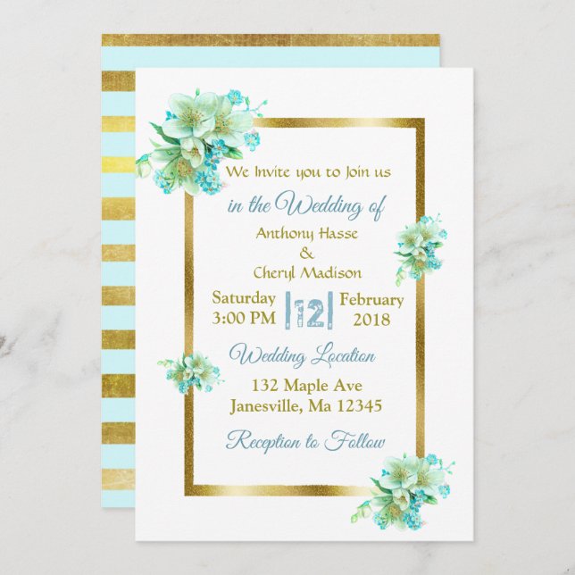 Convites para Casamento Floral Azul e Dourado (Frente/Verso)