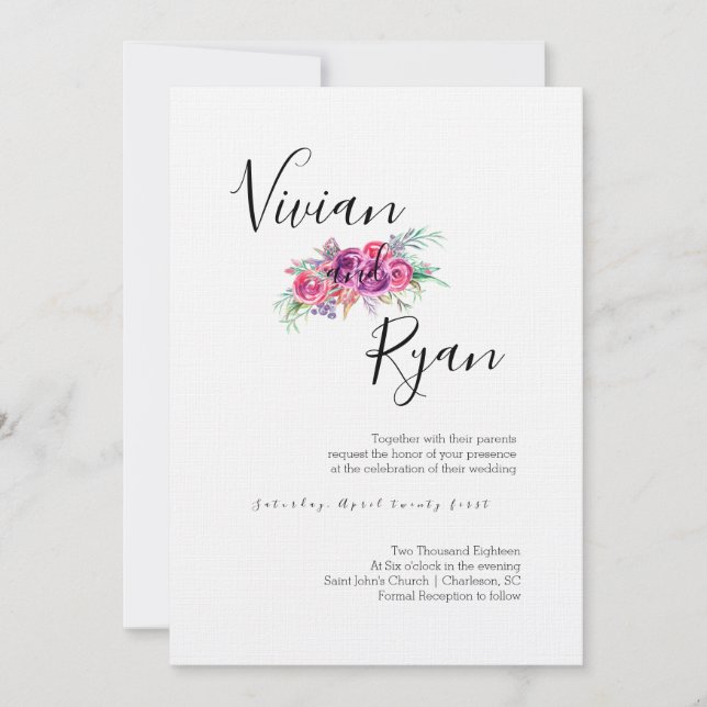 Convites Para Casamento Floral De Púrpura De Aquar (Frente)