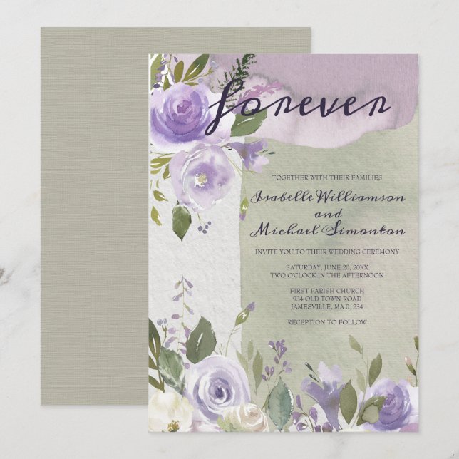 Convites para Casamento Floral em Púrpura e Branca (Frente/Verso)