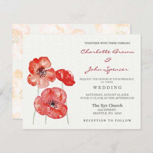Convites para Casamento Floral Moderno Red Poppy (Frente/Verso)