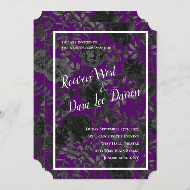 Convites para Casamento Gótico em Roxo e Rosa Negr (Frente/Verso)