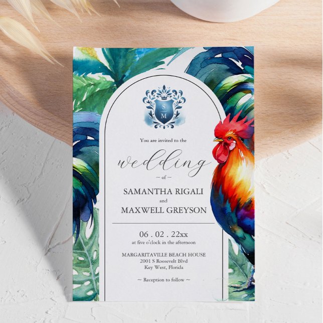 Convites para Casamento Oeste Chave de Watercolor  (Bright and bold color wedding invitations feature rooster watercolor by Victoria Grigaliunas)