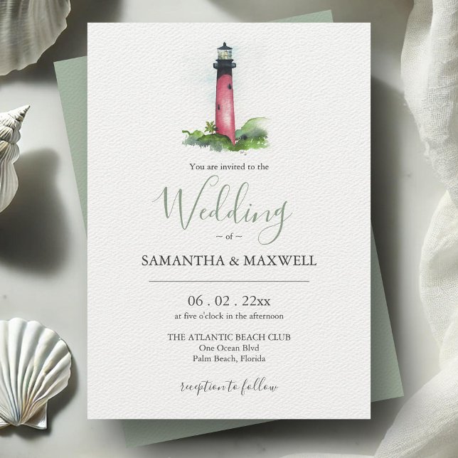 Convites para Casamento Personalizado De Farol De  (Beach wedding invitations watercolor Jupiter Lighthouse in Florida art by Victoria Grigaliunas)