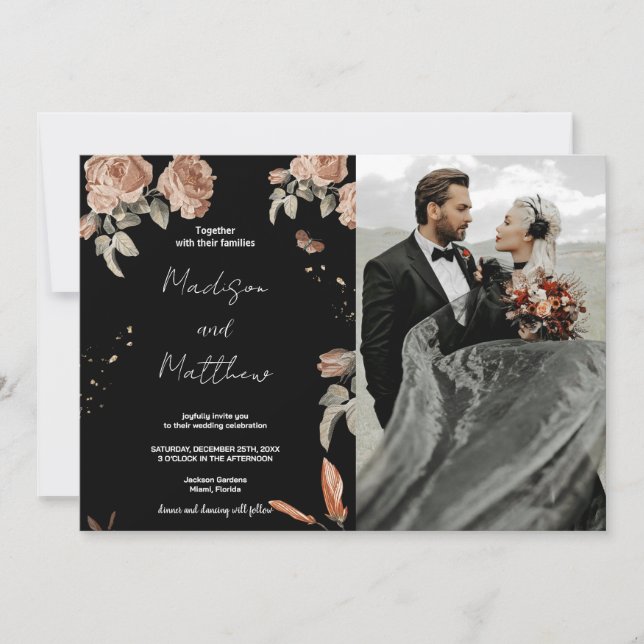 Convites para Casamento Preto de Flor Castanho com (Frente)