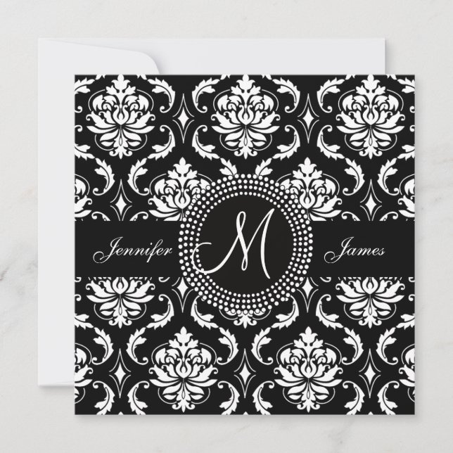 Convites para Casamento Preto Monograma M Damask (Frente)