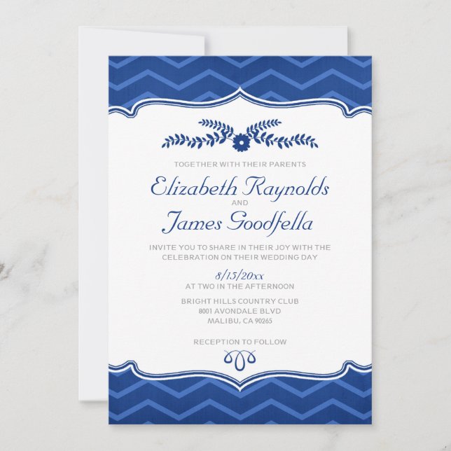 Convites para Casamento Real Azul Zigzag (Frente)