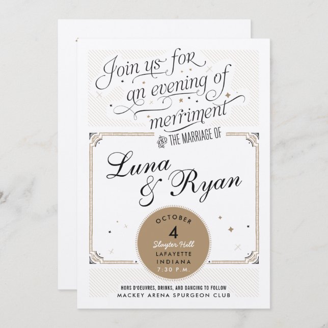 Convites para Casamento Retro-Gatsby Preto e Doura (Frente/Verso)