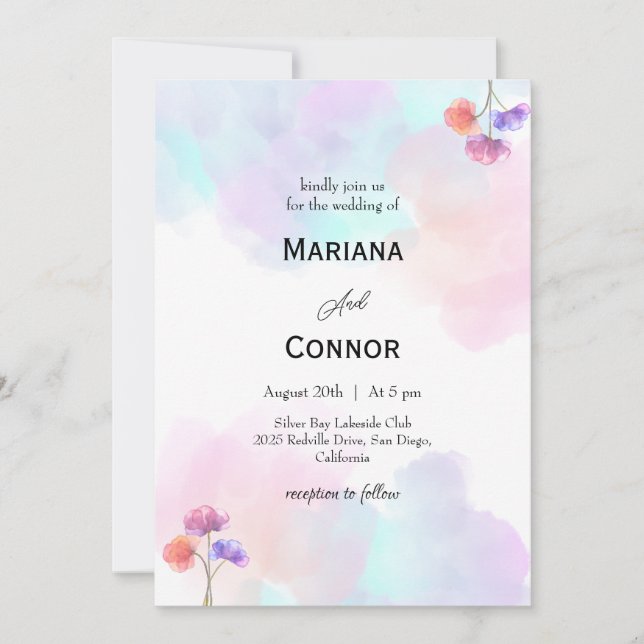 Convites para Casamento Rosa e Azul Suave (Frente)