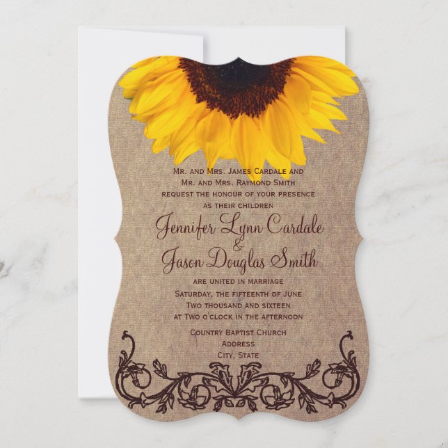 Convites para Casamento Rustic Country Sunflower (Frente)