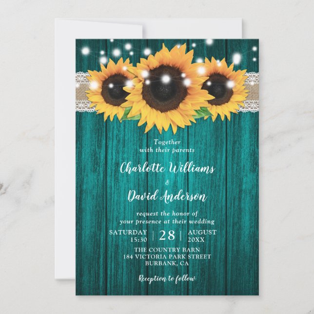 Convites para Casamento Rustic Teal e Sunflower (Frente)