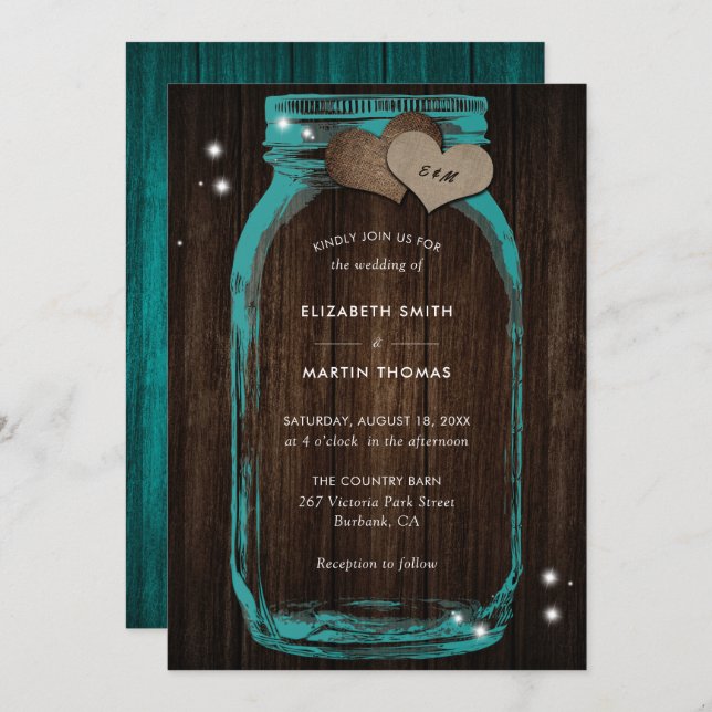Convites para Casamento Rustic Teal Mason Jar (Frente/Verso)