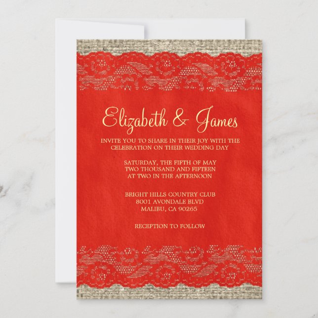 Convites para Casamento Rústico Vermelho e Dourado (Frente)