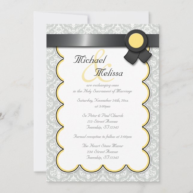 Convites para Casamento tema damasco Amarelo e Cin (Frente)