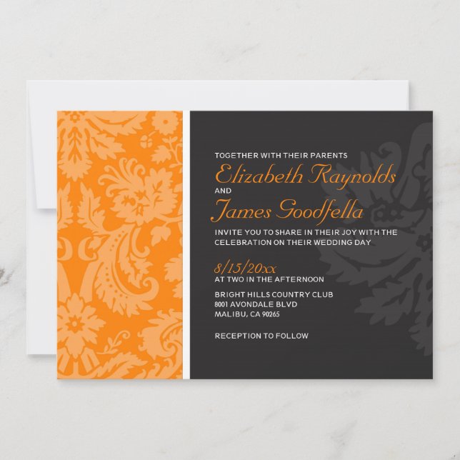 Convites para Casamento tema damasco Laranja (Frente)