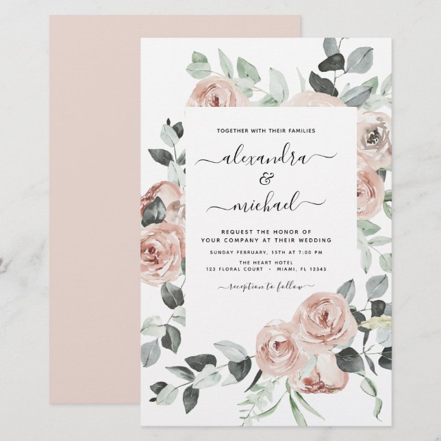Convites para Casamento Verde Rosa-Cinza com Durez (Frente/Verso)