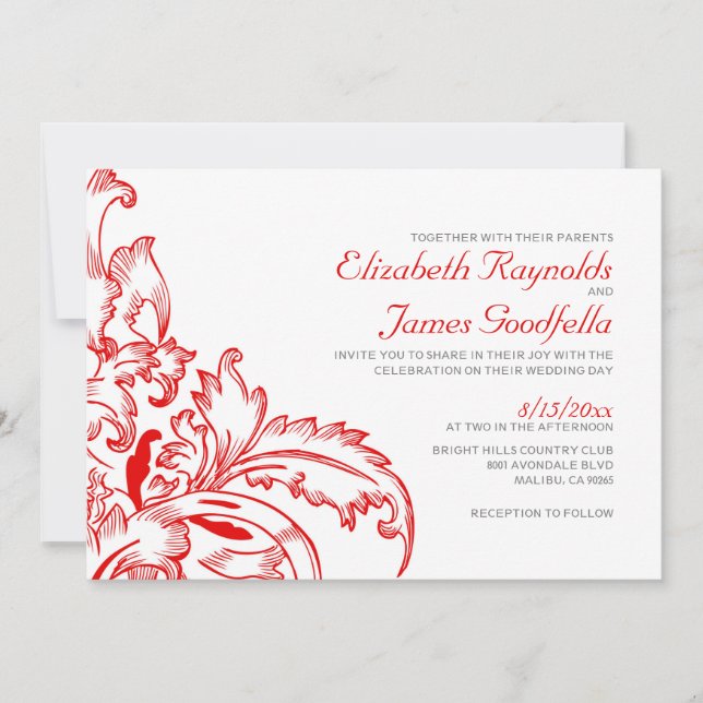 Convites para Casamento Vermelho Flourish (Frente)