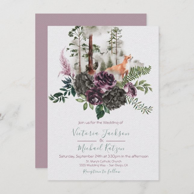 Convites para Casamento Woodland Watercolor Fox Fo (Frente/Verso)