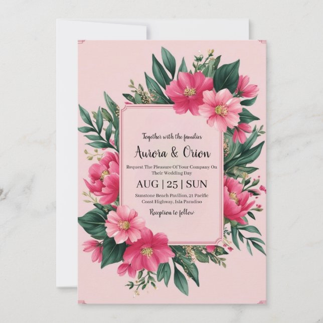 convites para casamentos florais de cor rosa-quent (Frente)