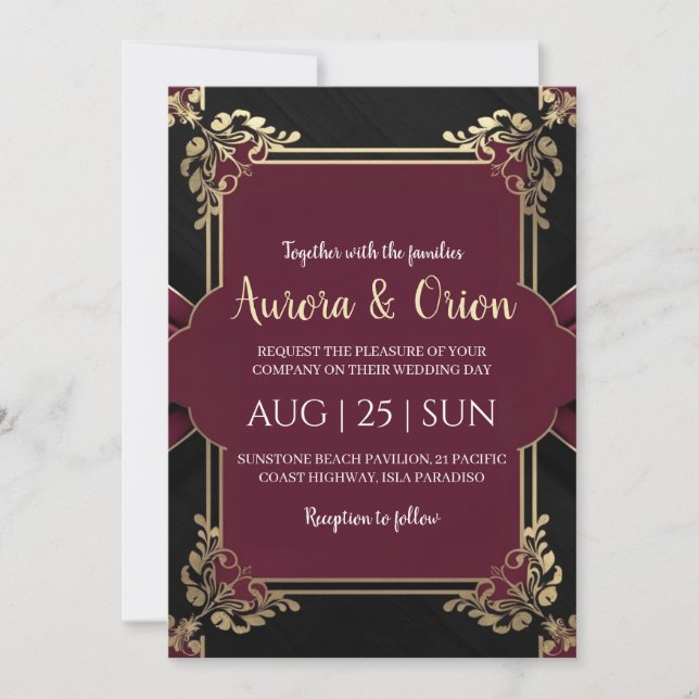 convites para casamentos florais de preto e ouro (Frente)