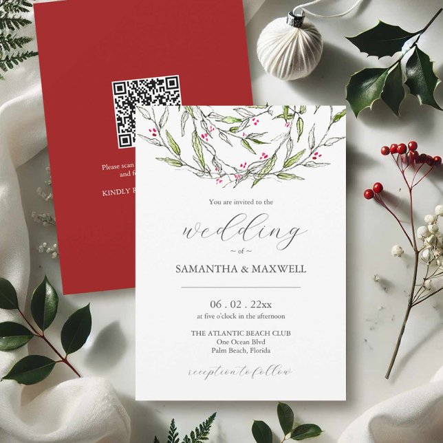 Convites para casamentos no inverno com código QR (Christmas wedding invitations printing with hand painted art by Victoria Grigaliunas Do Tell A Belle)