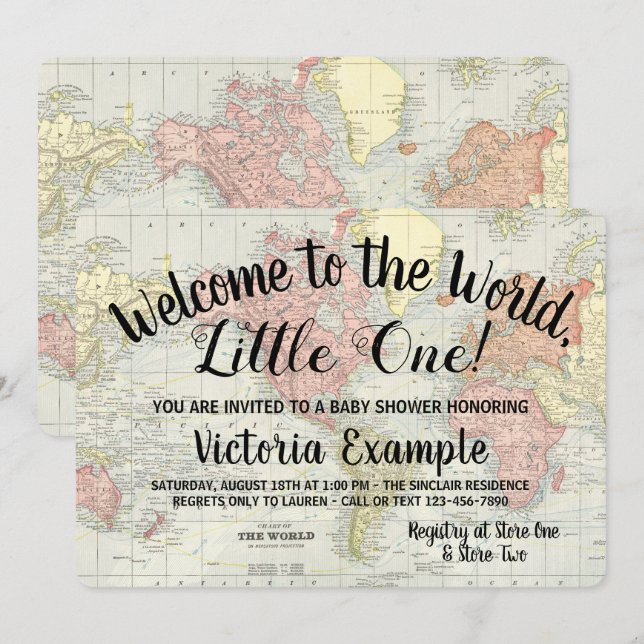 Convites para Chá de Bebê Mapa Mundial Bem-Vindo (Frente/Verso)