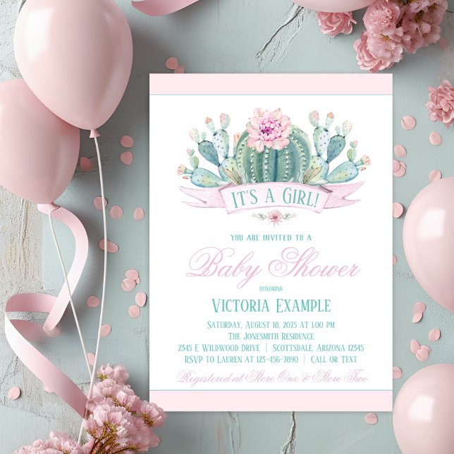 Convites para Chá de Garota Cactus (Cute cactus baby shower invitation. Simply add your event details.)