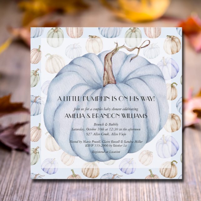 Convites para Chá de Menino da Abóbora (Blue pumpkins boy baby square shower invitations, INSTANT DOWNLOAD and/or PRINTED)