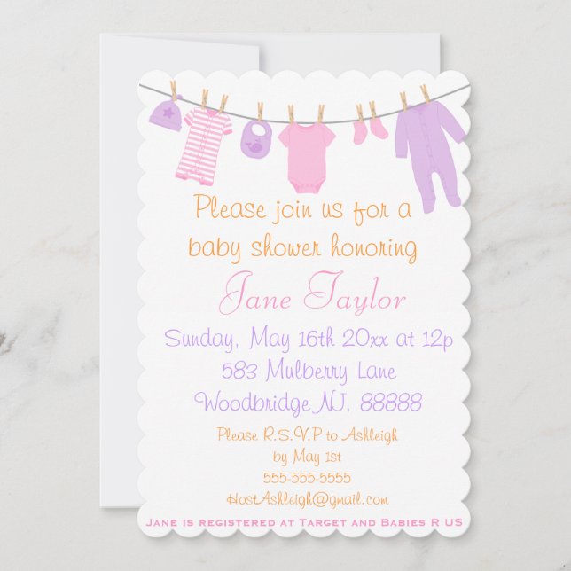 Convites para Chá de Roupas Pequenas e Rosa (Frente)