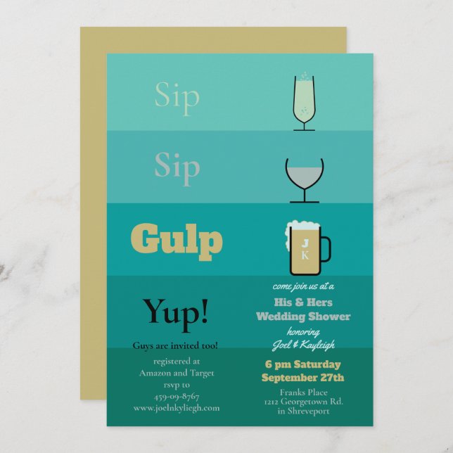 Convites para Chás de casamento Sip Sip Gulp (Frente/Verso)