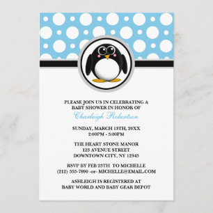 Convites para Chuveiro De Bolinhas Azul Pinguim
