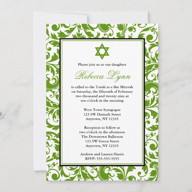 Convites para Damask Bat Mitzvah Green Swirl (Frente)
