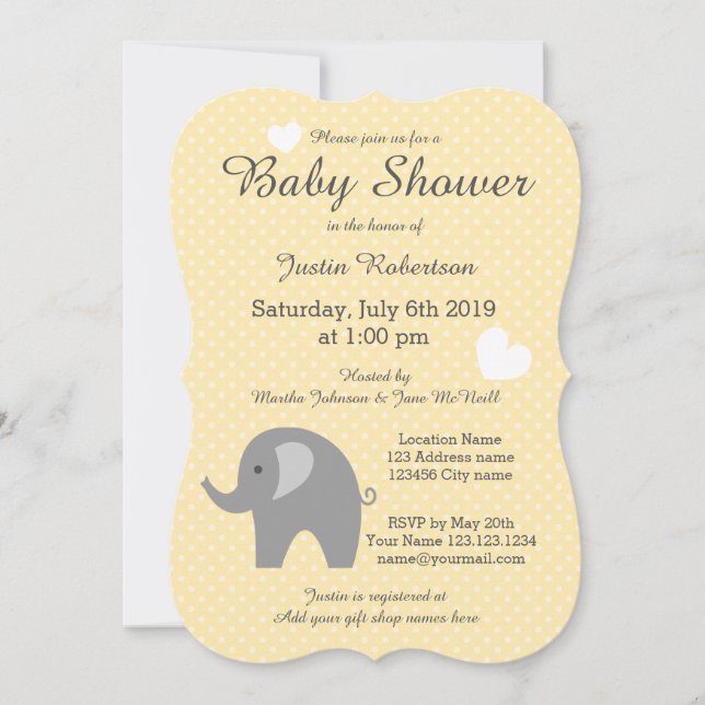 Convites para duche de elefante amarelo e cinza (Frente)