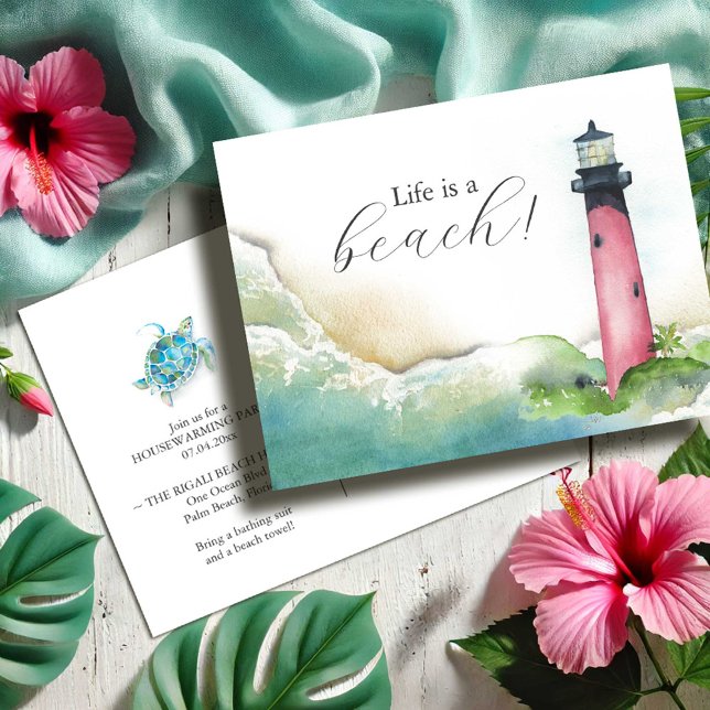 Convites para Festa de Casa Nova de Cartões Postai (Housewarming party invitations watercolor Jupiter Florida lighthouse postcards Victoria Grigaliuans)