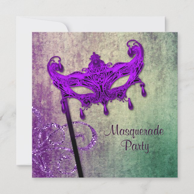 Convites para Festa de Máscaras Verde Roxo (Frente)