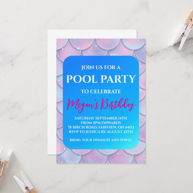 convites para festa de piscina de sereia (Frente/Verso In Situ)