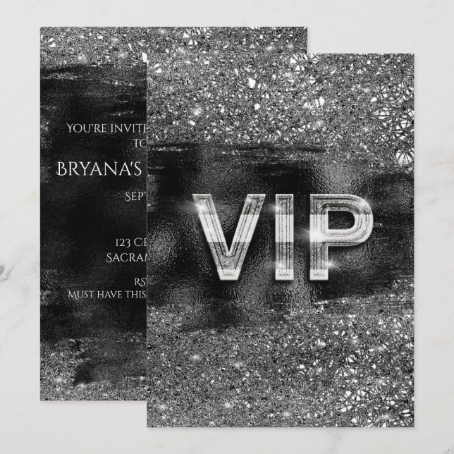 Convites para Festa VIP do Silver Black Glam Chic  (Frente/Verso)