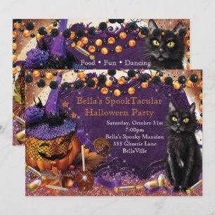 Convites para Festas de Halloween de Gato de Abóbo