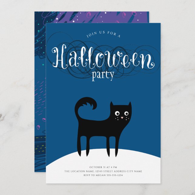 Convites para Festas de Halloween de Gato Negro (Frente/Verso)