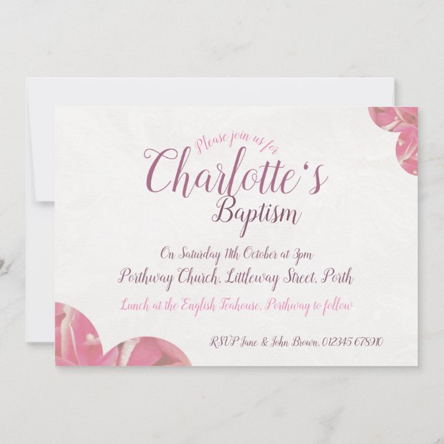 Convites para flores rosa e branca para batismo fe (Verso)