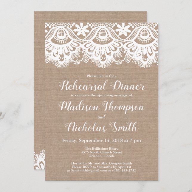 Convites para Janto de ensaio de burlap e Lace (Frente/Verso)