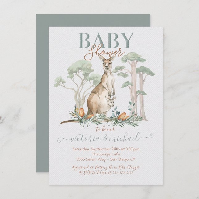 Convites para Kangaroo e Joey Baby Shower (Frente/Verso)