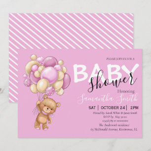 Convites para Meninas Rosa-Rosa Teddy Bear
