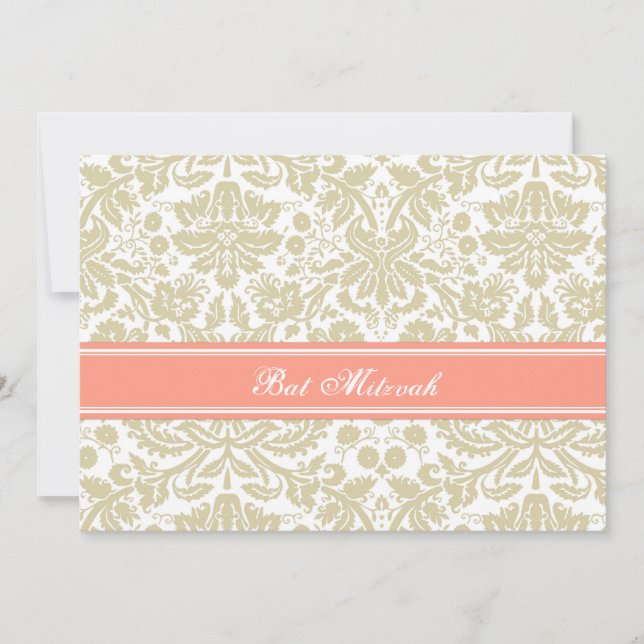 Convites para o Bat Mitzvah de Coral Beige Damask (Frente)
